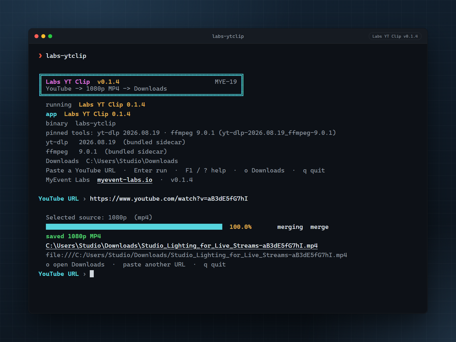 Labs YT Clip in a terminal: the banner, resolved yt-dlp and ffmpeg, a pasted YouTube URL, a full cyan progress bar, then “saved 1080p MP4” with the file path and file:// link.